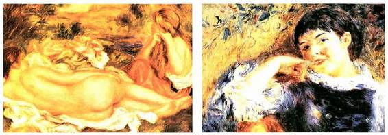 Pierre-Auguste Renoir margolariaren bi maisulan. Ezkerrean, Bainu-hartzaileak, egile haren azken obretako bat (1916). Eskuinean, Ameslaria (1879), San Luiseko Arte Museoa, EEBB.<br><br>